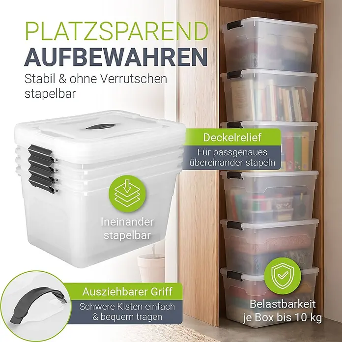 Juskys Aufbewahrungsbox-Set Aufbewahrungsbox - L x B x H: 45 x 33 x 26 cm, Kunststoff, Weiß, 4 Stk. - Transparente Kunststoff-Aufbewahrungsboxen mit schwarzen Griffen und Deckeln, stapelbar und ineinander schachtelbar zur platzsparenden Organisation.