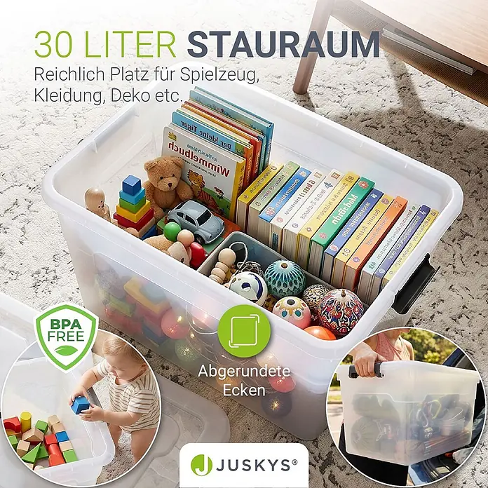 Juskys Aufbewahrungsbox-Set Aufbewahrungsbox - L x B x H: 45 x 33 x 26 cm, Kunststoff, Weiß, 4 Stk. - Transparente 30L BPA-freie Aufbewahrungsbox aus Kunststoff mit abgerundeten Ecken, gefüllt mit Spielzeug und Büchern, in Gebrauch gezeigt.