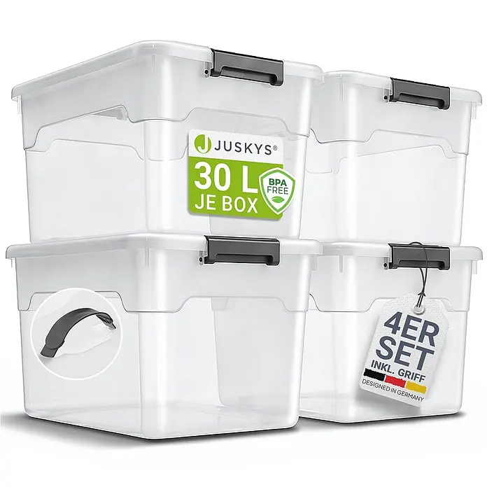 Juskys Aufbewahrungsbox-Set Aufbewahrungsbox - L x B x H: 45 x 33 x 26 cm, Kunststoff, Weiß, 4 Stk. - Vier stapelbare, transparente Kunststoff-Aufbewahrungsboxen mit dunklen Verschlussdeckeln und integrierten Griffen, 30L Fassungsvermögen.