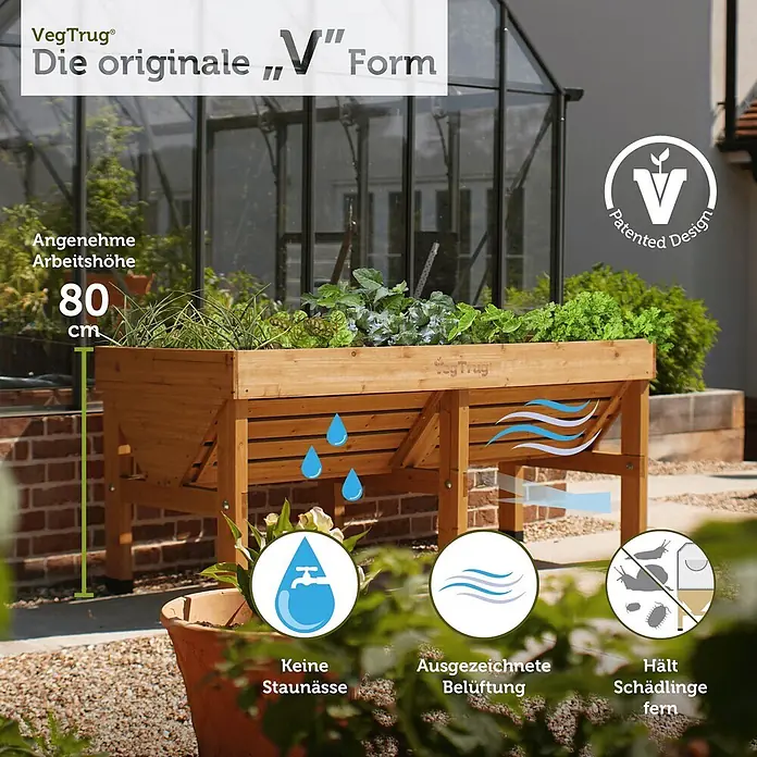 VegTrug Hochbeet Classic - Holz, Natur - Hölzernes V-förmiges Hochbeet, 80 cm Arbeitshöhe, bepflanzt in einer Gartenumgebung.