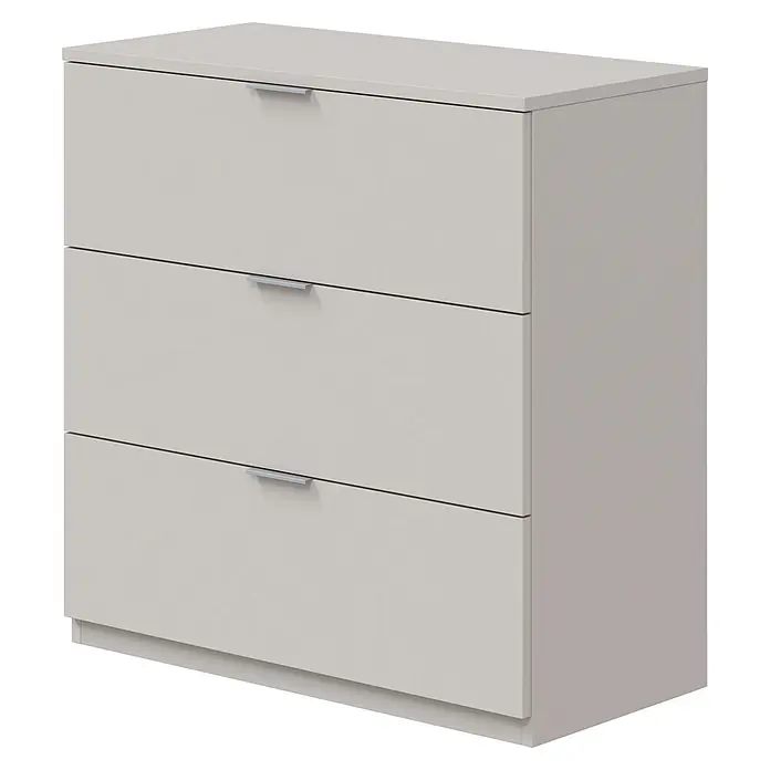 Set muebles de dormitorio Cachemir - 3 pzs., Beige Cachemir, Vestidor con montaje reversible - Cómoda gris claro con tres cajones y tiradores color plata.