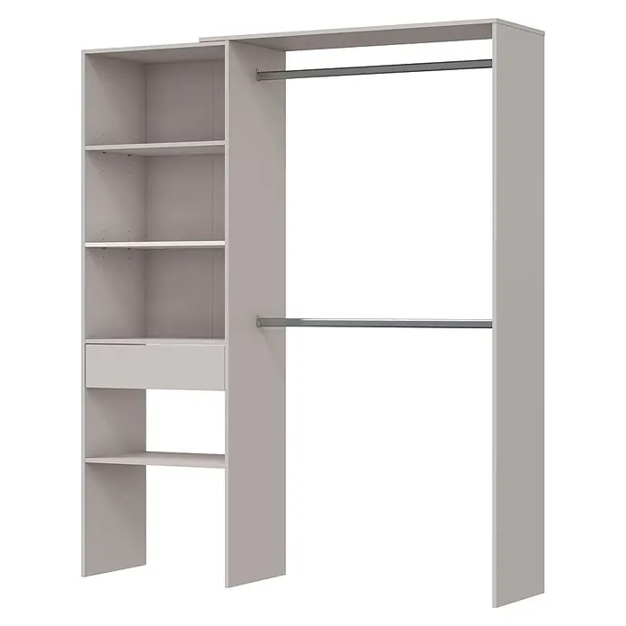 Set muebles de dormitorio Cachemir - 3 pzs., Beige Cachemir, Vestidor con montaje reversible - Organizador de armario abierto blanco con estantes, un cajón y dos barras para colgar.