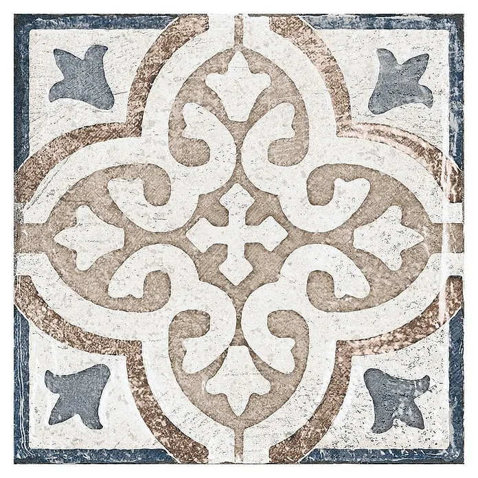 Feinsteinzeugfliese Marrakesh - 20 x 20 cm, Blue Mix, Matt - Dekorative Keramikfliese mit weißem, braunem und blauem symmetrischem Blumen-Geometrie-Muster.