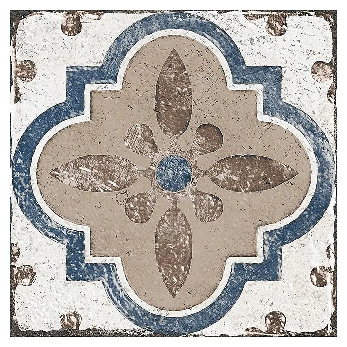 Feinsteinzeugfliese Marrakesh - 20 x 20 cm, Blue Mix, Matt - Alter Fliese mit blauem und beigem Blumen-Geometrie-Muster.