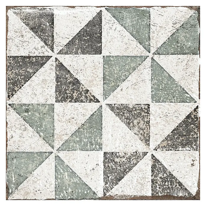 Feinsteinzeugfliese Marrakesh - 20 x 20 cm, Beige Mix, Matt - Dekorative Fliese mit geometrischem Dreiecksmuster in Grau, Weiß und gedämpftem Grün.
