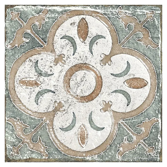 Feinsteinzeugfliese Marrakesh - 20 x 20 cm, Beige Mix, Matt - Dekorative Fliese mit einem verwitterten, symmetrischen Muster in gedämpftem Beige, Weiß und Blau-Grau für Boden oder Wand.