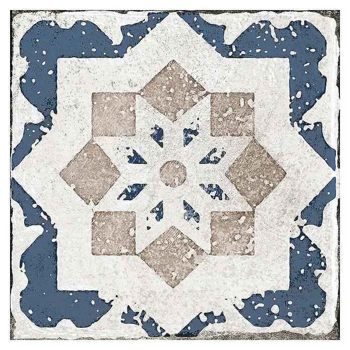 Feinsteinzeugfliese Marrakesh - 20 x 20 cm, Blue Mix, Matt - Quadratische Fliese mit abgenutztem blauem, weißem, beigem geometrischem Sternmuster.
