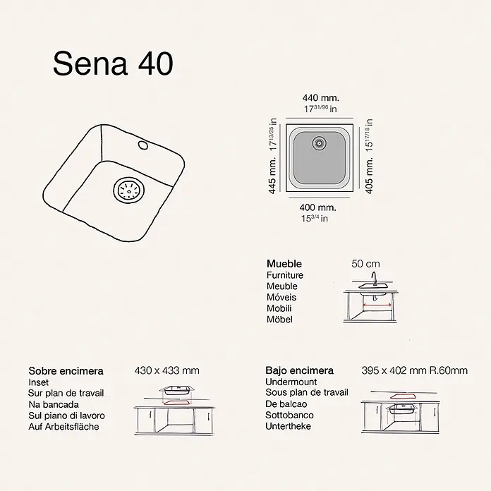 Poalgi Fregadero encastrable Sena - 44,5 x 44 cm, Material compuesto, Blanco - Diagrama técnico del fregadero Sena 40, mostrando dimensiones y opciones de instalación: de encastre y bajo encimera.