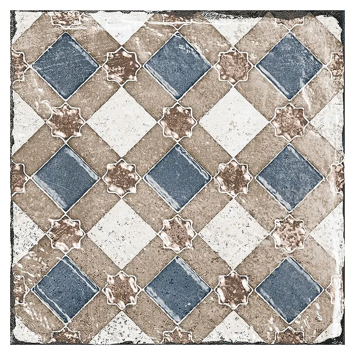 Feinsteinzeugfliese Marrakesh - 20 x 20 cm, Blue Mix, Matt - Dekorative quadratische Fliese mit Rautenmuster in Beige und Weiß, akzentuiert durch blaue Quadrate und sternförmige braune Einlagen.