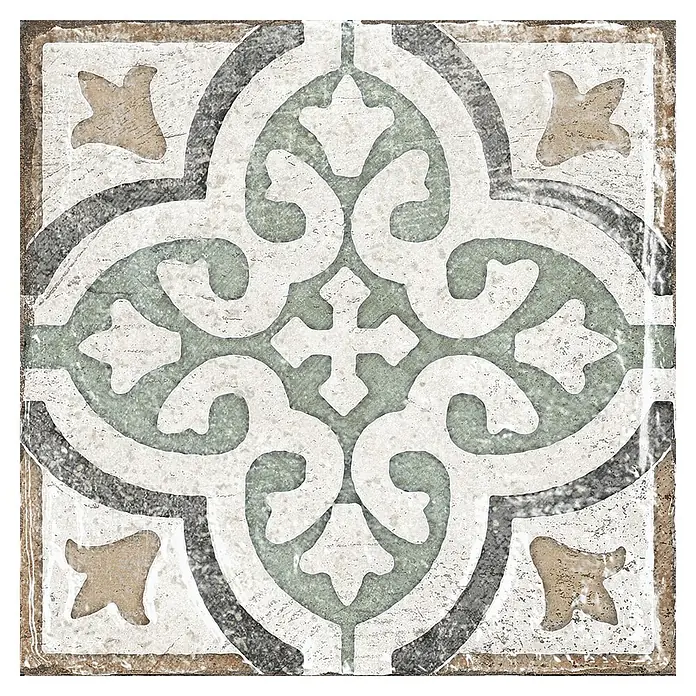 Feinsteinzeugfliese Marrakesh - 20 x 20 cm, Beige Mix, Matt - Verwitterte Zierfliese mit einem kunstvollen symmetrischen Muster in Off-White, mattem Grün, Dunkelgrau und Braun.
