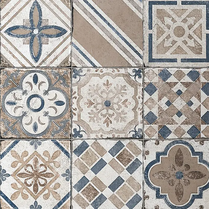 Feinsteinzeugfliese Marrakesh - 20 x 20 cm, Blue Mix, Matt - Verwitterte blaue, braune & beige gemusterte Dekorfliesen.