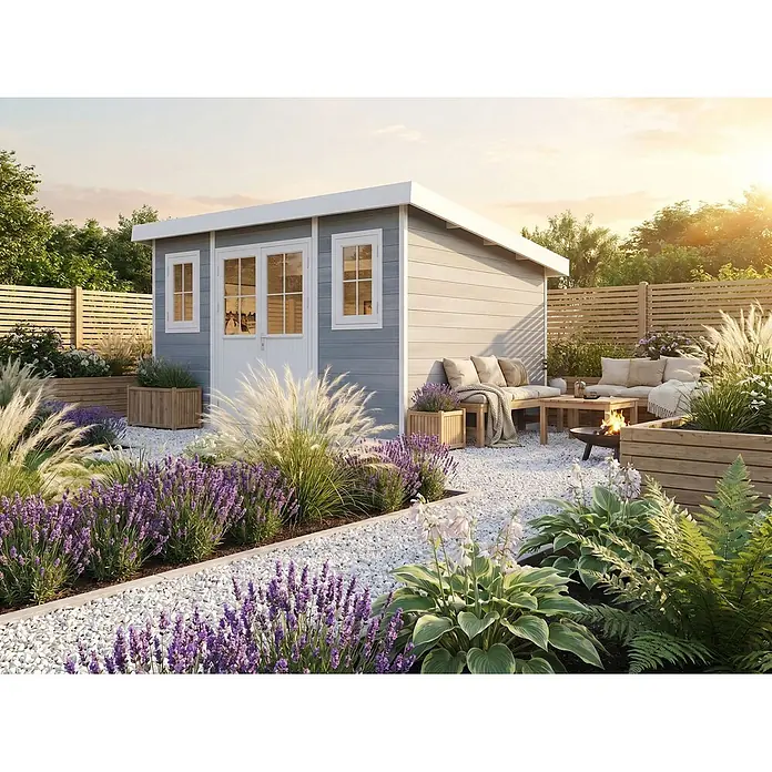 Fjordholz Gartenhaus Nexo White 11,28 m² - Außenmaß inkl. Dachüberstand (B x T): 428,5 x 328,5 cm, Aluminium, Grau / Weiß - Hellblaues Gartenhaus mit weißen Zierleisten in einem Landschaftsgarten mit Terrasse.
