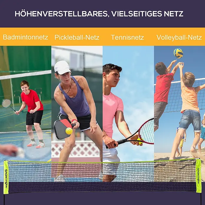 Sportnow Badminton-Set - Metall, Gelb - Höhenverstellbares Multisportnetz, schwarz mit grünem Rand, verwendet für Badminton, Pickleball, Tennis und Volleyball.