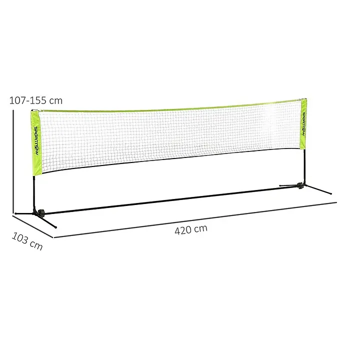 Sportnow Badminton-Set - Metall, Gelb - Tragbares schwarzes und grünes Sportnetz, 420 cm lang, höhenverstellbar (107-155 cm), mit 103 cm tiefen Standfüßen.