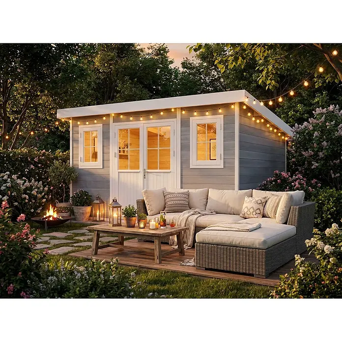 Fjordholz Gartenhaus Nexo White 11,28 m² - Außenmaß inkl. Dachüberstand (B x T): 428,5 x 328,5 cm, Aluminium, Grau / Weiß - Gemütliches Gartenhaus mit Outdoor-Lounge-Bereich, Korbsessel und Lichterketten für entspannte Abende.