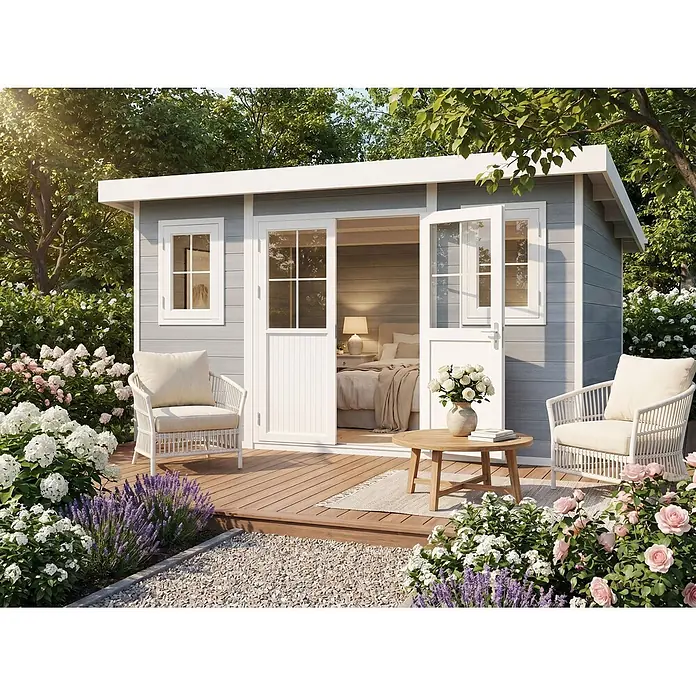 Fjordholz Gartenhaus Nexo White 11,28 m² - Außenmaß inkl. Dachüberstand (B x T): 428,5 x 328,5 cm, Aluminium, Grau / Weiß - Hellgraues Gartenhaus mit weißen Verkleidungen und Doppeltüren, Holzterrasse mit Sitzgelegenheiten und Blumen.