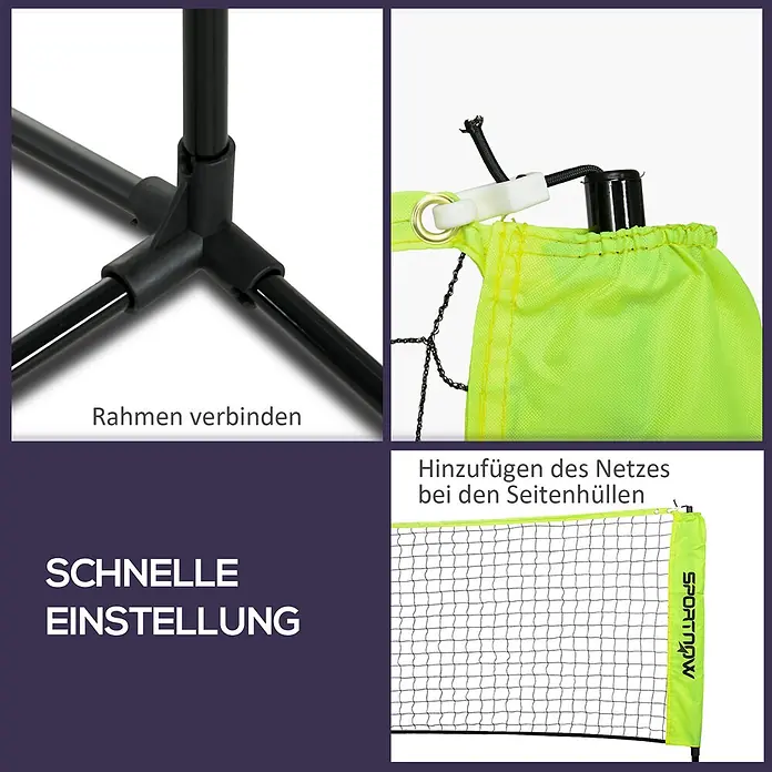 Sportnow Badminton-Set - Metall, Gelb - Nahaufnahmen zeigen den Aufbau des schwarzen Rahmens und die neongrüne Netzbefestigung eines tragbaren Sportnetzes, mit Fokus auf schnellen Aufbau.