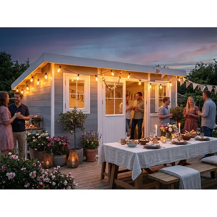 Fjordholz Gartenhaus Nexo White 11,28 m² - Außenmaß inkl. Dachüberstand (B x T): 428,5 x 328,5 cm, Aluminium, Grau / Weiß - Freunde treffen sich auf einer Holzterrasse neben einem grauen Gartenhaus, beleuchtet von Lichterketten und Kerzen, zum Abendessen im Freien.
