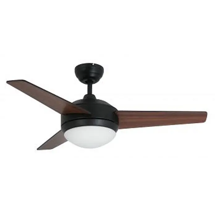Vam Deckenventilator Deckenventilator VEGALIGHT graphit Walnuss 132 cm - Schwarz-Walnuss, 1.020 mm, 46 W - Schwarzer Deckenventilator mit drei dunkelbraunen Holzflügeln und weißer Kugelbeleuchtung.