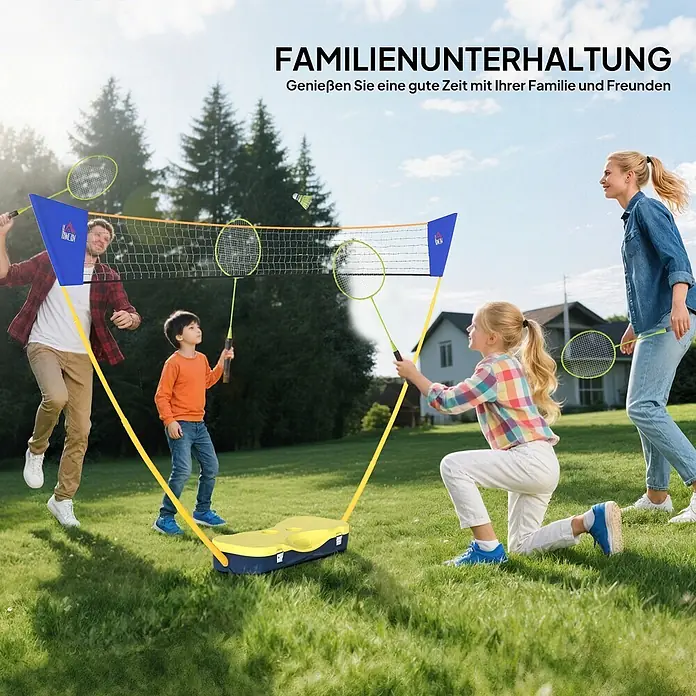 Homcom Badminton-Set - 286 x 33 x 157 cm, Kunststoff, Gelb, Blau - Eine Familie spielt im Freien Badminton mit einem blauen und gelben tragbaren Badminton-Set.