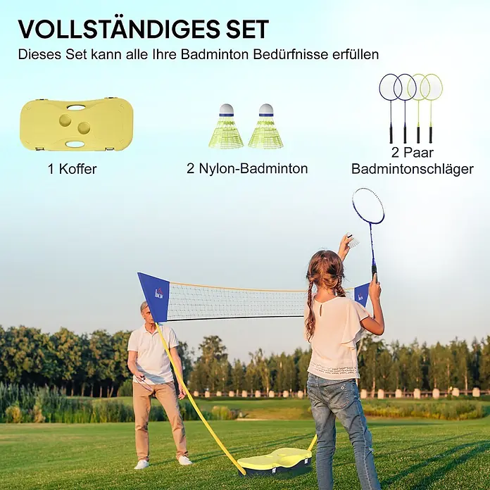 Homcom Badminton-Set - 286 x 33 x 157 cm, Kunststoff, Gelb, Blau - Komplettes Badmintionset mit gelbem Koffer, 2 Federbällen, 4 Schlägern. Ein Mann und Kind spielen Badminton auf einem grünen Feld.