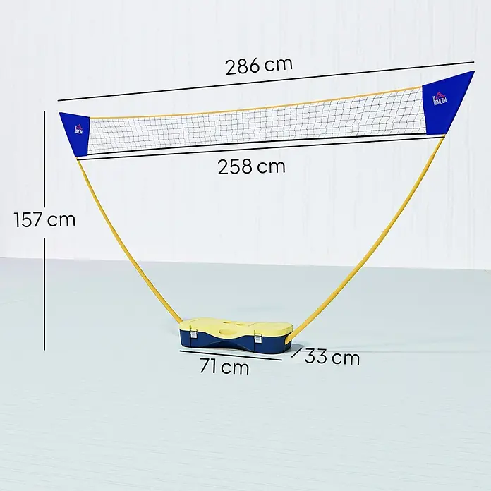 Homcom Badminton-Set - 286 x 33 x 157 cm, Kunststoff, Gelb, Blau - Tragbares gelb-blaues Badmintonnetz, 157 cm hoch, mit 258 cm Netzbreite und 71x33 cm Basis.