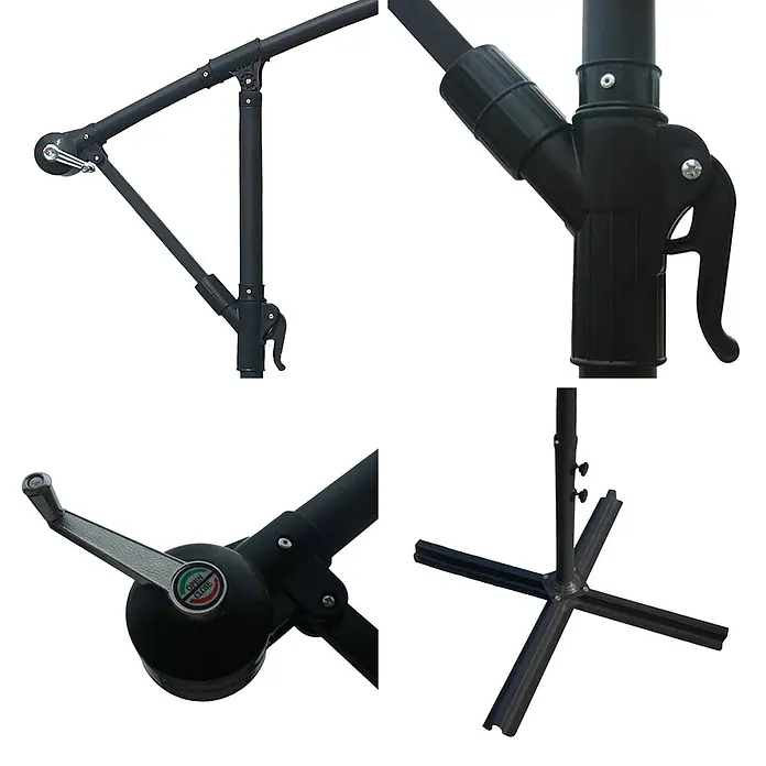 Freistehender Sonnenschirm MOLOKAI quadratisch 2,7x2,7m grau -  - Schwarze Komponenten eines Outdoor-Ampelschirms: Kreuzfuß, Kurbel und verstellbare Armmechanismen.