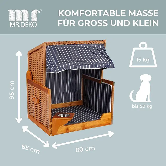 Mr. Deko Strandstuhl für Hunde - Wacholder, Blau - Strandkorb-Hundebett aus braunem Geflecht und Holz mit blau-weiß gestreiftem Stoff und integriertem Futternapf.