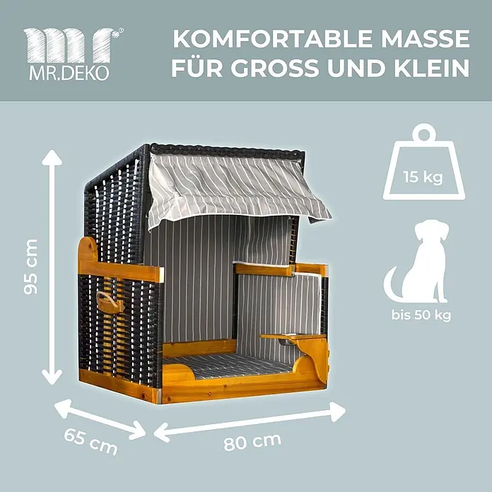 Mr. Deko Strandstuhl für Hunde - Wacholder, Grau - Hundestrandkorb aus dunklem Geflecht und hellem Holz, mit grau-weiß gestreiftem Stoff. Maße 95x65x80 cm, für Tiere bis 50 kg.
