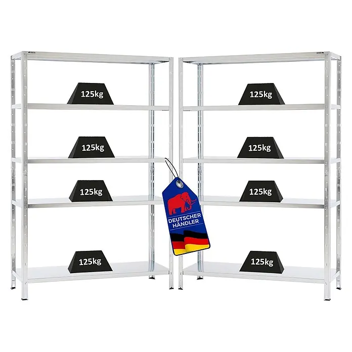 Proregal Metallregal Mega Deal Ares - H x B x T: 180 x 120 x 40 cm, Traglast pro Boden: 125 kg, Anzahl Böden: 5 Stk., Stecken, Verzinkt - Zwei verzinkte Metallregale mit je 5 Böden, die jeweils 125kg tragen.
