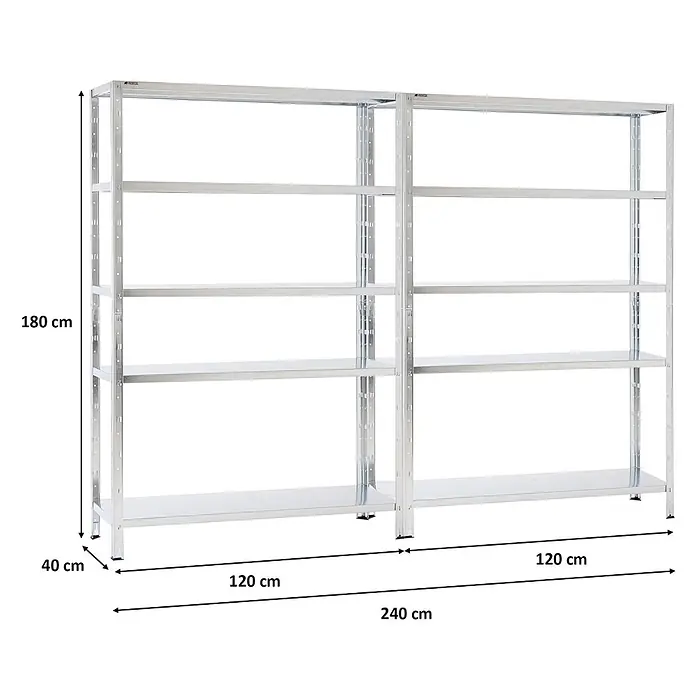 Proregal Metallregal Mega Deal Ares - H x B x T: 180 x 120 x 40 cm, Traglast pro Boden: 125 kg, Anzahl Böden: 5 Stk., Stecken, Verzinkt - Zwei verzinkte Metallregale, 180 cm hoch, 40 cm tief und 240 cm breit, mit jeweils fünf Böden.