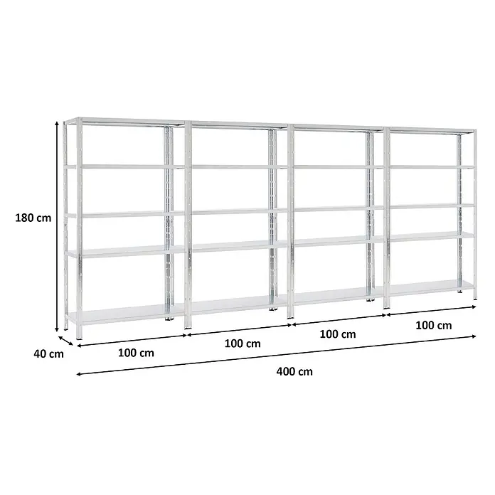 Proregal Metallregal Mega Deal Ares - H x B x T: 180 x 100 x 40 cm, Traglast pro Boden: 125 kg, Anzahl Böden: 5 Stk., Stecken, Verzinkt - Vier silberne modulare Regaleinheiten aus verzinktem Stahl zur Lagerung, Maße 180x400x40 cm.