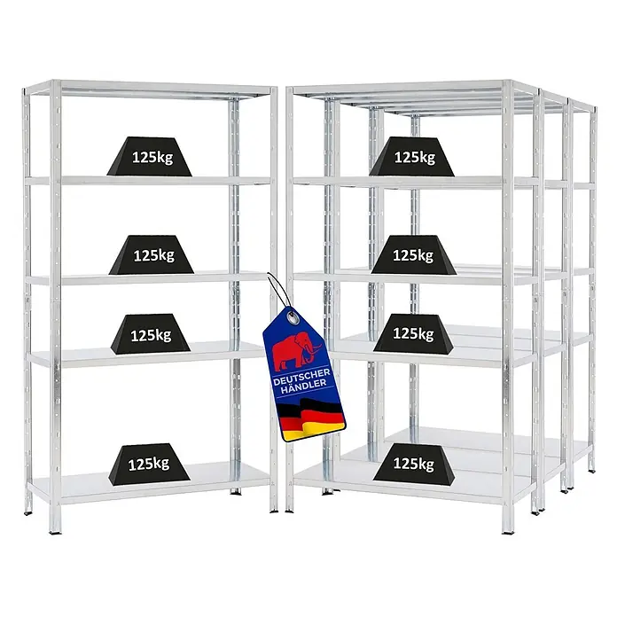 Proregal Metallregal Mega Deal Ares - H x B x T: 180 x 100 x 40 cm, Traglast pro Boden: 125 kg, Anzahl Böden: 5 Stk., Stecken, Verzinkt - Zwei silberne Metallregale mit Fachböden, die 125 kg Tragfähigkeit pro Fach zeigen, und einem 'DEUTSCHER HÄNDLER'-Etikett.
