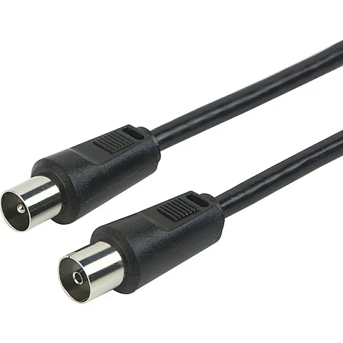 Schwaiger Koaxialkabel - 5 m, Schwarz, Schirmungsmaß: 75 dB, IEC-Stecker, IEC-Buchse - Ein schwarzes Koaxialkabel mit Steckern an beiden Enden, das für TV- und Antennenverbindungen verwendet wird.