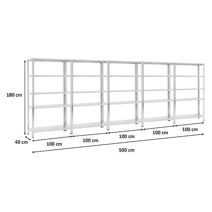 Proregal Metallregal Mega Deal Ares - H x B x T: 180 x 100 x 40 cm, Traglast pro Boden: 125 kg, Anzahl Böden: 5 Stk., Stecken, Verzinkt - Fünfteiliges silbernes Metallregal, 180 cm hoch, 40 cm tief und 500 cm lang, jede Sektion 100 cm breit mit 5 Böden.