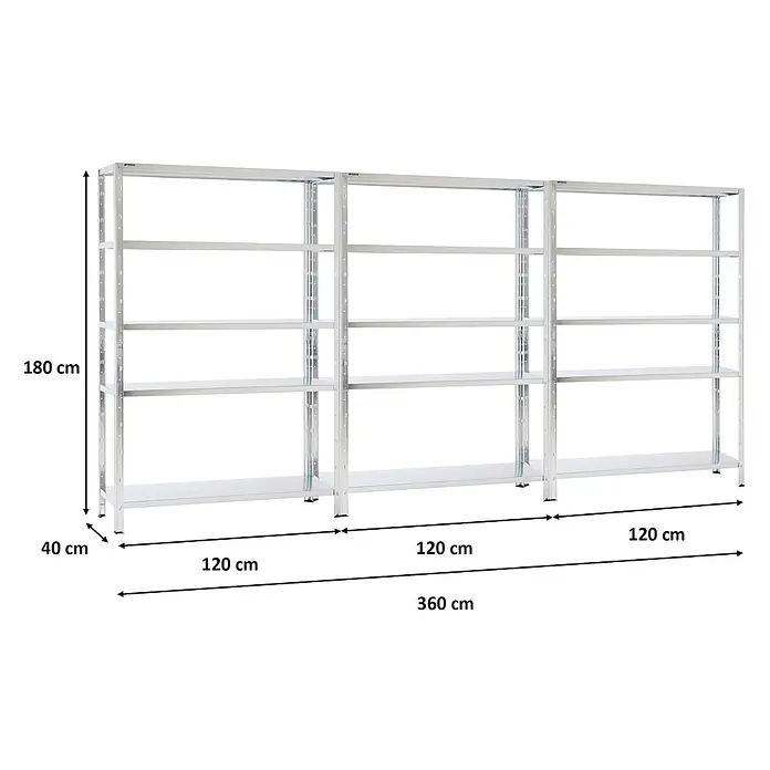 Proregal Metallregal Mega Deal Ares - H x B x T: 180 x 120 x 40 cm, Traglast pro Boden: 125 kg, Anzahl Böden: 5 Stk., Stecken, Verzinkt - Drei silberne Metallregale, jeweils mit fünf Böden, miteinander verbunden für umfangreichen Stauraum.