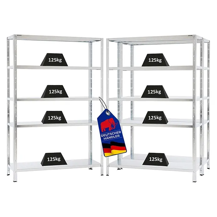 Proregal Metallregal Mega Deal Ares - H x B x T: 180 x 120 x 40 cm, Traglast pro Boden: 125 kg, Anzahl Böden: 5 Stk., Stecken, Verzinkt - Zwei verzinkte Stahlregale, jedes mit 5 Böden, demonstrieren 125kg Tragfähigkeit pro Boden. Ein "Deutscher Händler" Etikett ist angebracht.