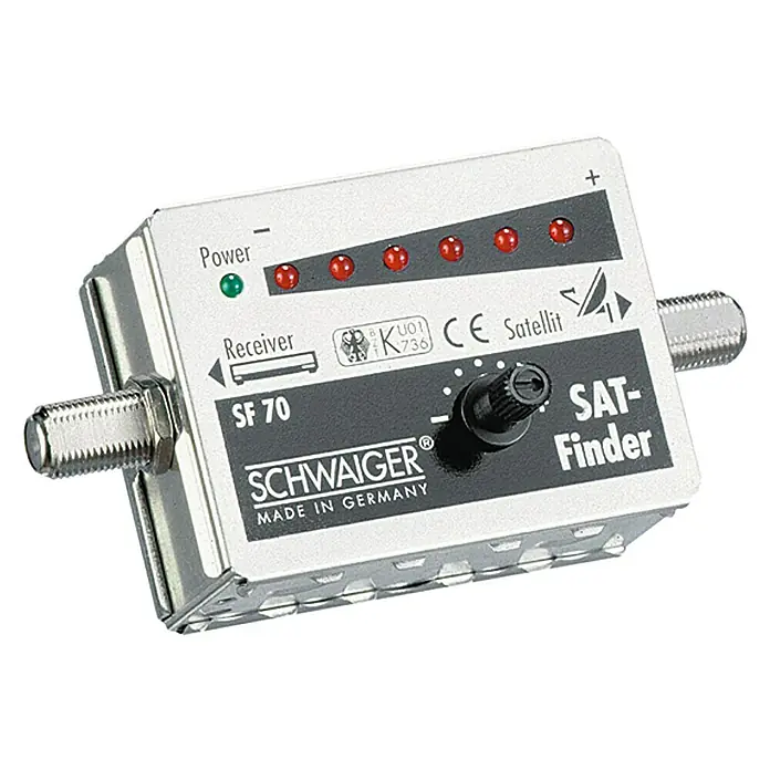 Schwaiger SAT-Finder 6+1 LED - Akustisches Feldstärkesignal, F-Buchse, 950 - 2.150 MHz - Das Bild zeigt einen digitalen Sat-Finder SF 70 von Schwaiger, ein Messgerät zum Ausrichten von Satellitenantennen, hergestellt in Deutschland.