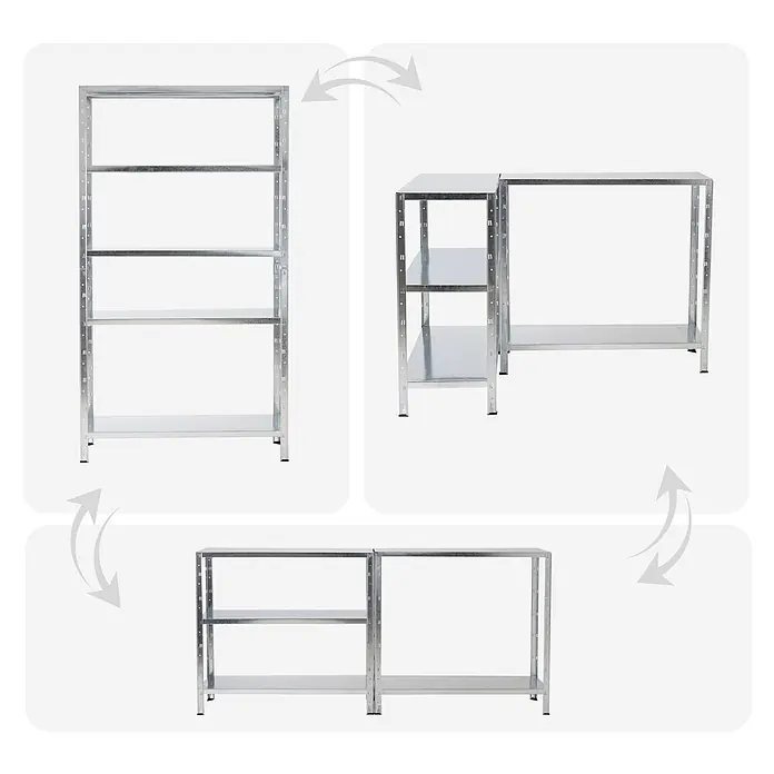 Proregal Metallregal Ares - H x B x T: 180 x 100 x 40 cm, Traglast pro Boden: 125 kg, Anzahl Böden: 5 Stk., Stecken, Verzinkt - Vielseitiges verzinktes Stahlregal, als hohes Regal und als zwei kürzere Werkbank-Regale gezeigt.