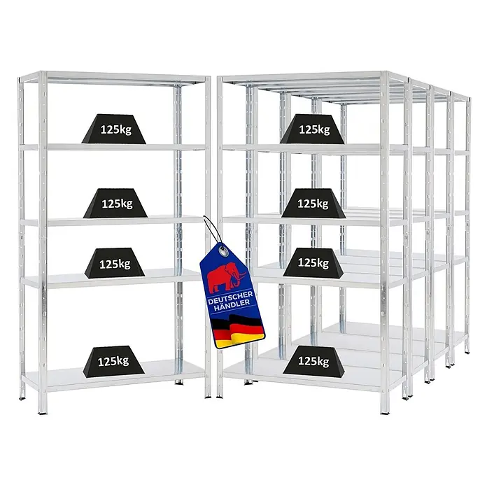 Proregal Metallregal Mega Deal Ares - H x B x T: 180 x 100 x 40 cm, Traglast pro Boden: 125 kg, Anzahl Böden: 5 Stk., Stecken, Verzinkt - Silberfarbene Metallregale mit mehreren Böden, die eine hohe Tragfähigkeit mit 125kg Gewichten demonstrieren.