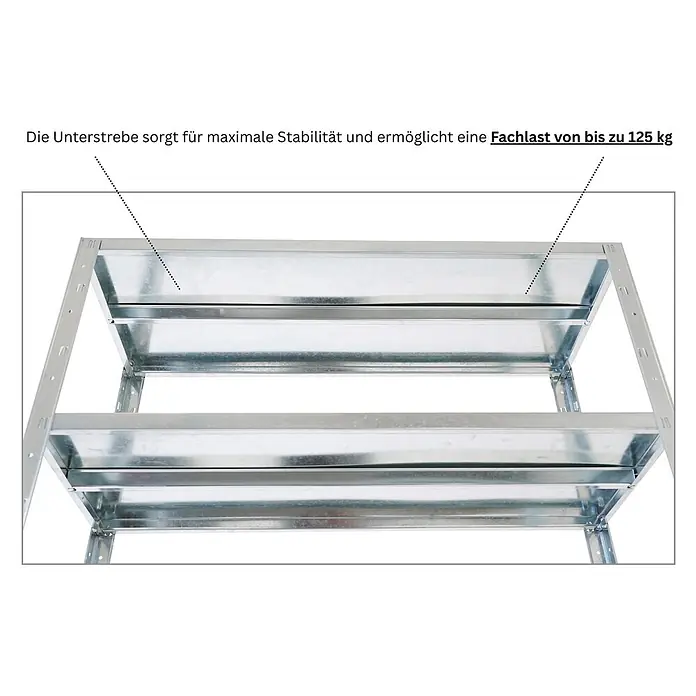 Proregal Metallregal Ares - H x B x T: 180 x 100 x 40 cm, Traglast pro Boden: 125 kg, Anzahl Böden: 5 Stk., Stecken, Verzinkt - Verzinktes Metallregal mit Unterstrebe für maximale Stabilität und einer Fachlast von bis zu 125 kg.