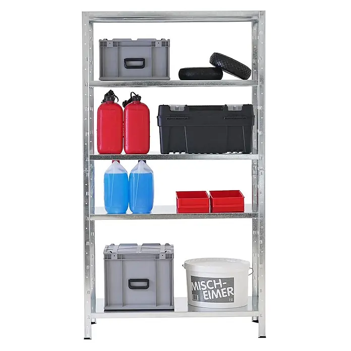 Proregal Metallregal Ares - H x B x T: 180 x 100 x 40 cm, Traglast pro Boden: 125 kg, Anzahl Böden: 5 Stk., Stecken, Verzinkt - Galvanisiertes Metallregal mit fünf Ablagen für verschiedene Lagerartikel wie Boxen, Kanister und Werkzeuge.