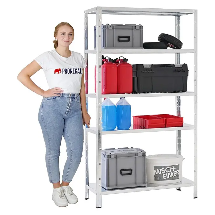 Proregal Metallregal Ares - H x B x T: 180 x 100 x 40 cm, Traglast pro Boden: 125 kg, Anzahl Böden: 5 Stk., Stecken, Verzinkt - Graues Metallregal mit fünf Ablagen, mit diversen Lagerartikeln. Eine Frau steht daneben als Maßstab.