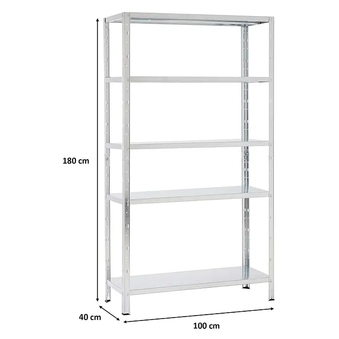 Proregal Metallregal Ares - H x B x T: 180 x 100 x 40 cm, Traglast pro Boden: 125 kg, Anzahl Böden: 5 Stk., Stecken, Verzinkt - Verzinktes Stahlregal mit 5 Ablagen, 180x100x40 cm.