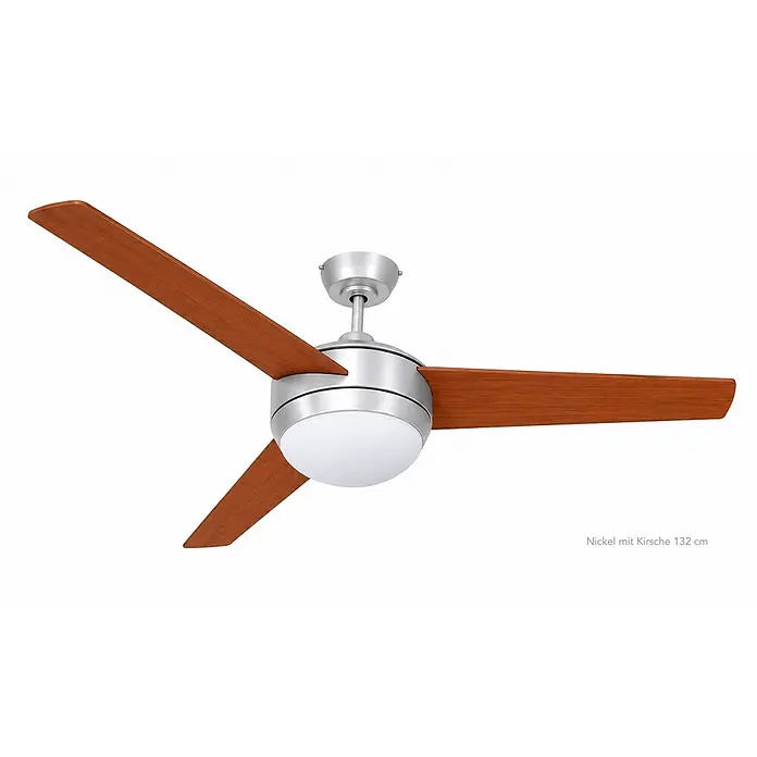 Vam Deckenventilator Deckenventilator VEGALIGHT Nickel weiß/Kirsche 132 cm - Teak-Walnuss, 1.320 mm, 46 W - Deckenventilator in Nickel-Optik mit drei Kirschholzflügeln und integrierter Beleuchtung.