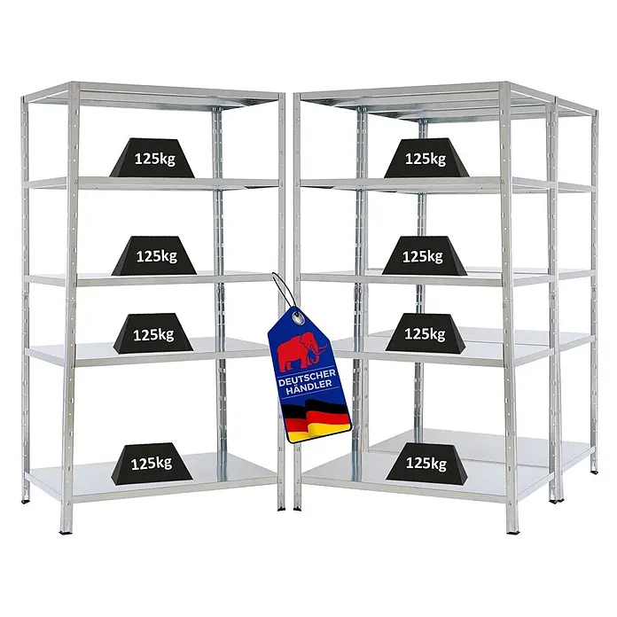 Proregal Metallregal Mega Deal Ares - H x B x T: 180 x 100 x 60 cm, Traglast pro Boden: 125 kg, Anzahl Böden: 5 Stk., Stecken, Verzinkt - Zwei verzinkte Schwerlastregale, jeweils mit 125kg Gewichten auf mehreren Ebenen, und einem „Deutscher Händler“ Etikett.