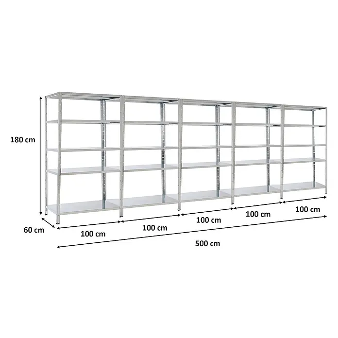 Proregal Metallregal Mega Deal Ares - H x B x T: 180 x 100 x 60 cm, Traglast pro Boden: 125 kg, Anzahl Böden: 5 Stk., Stecken, Verzinkt - Fünf verzinkte Stahlregale, 180x500x60 cm, mit je fünf Böden, für Schwerlastlagerung.