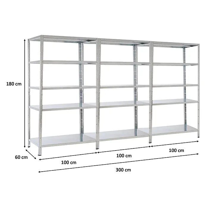 Proregal Metallregal Mega Deal Ares - H x B x T: 180 x 100 x 60 cm, Traglast pro Boden: 125 kg, Anzahl Böden: 5 Stk., Stecken, Verzinkt - Drei modulare silberne Metallregaleinheiten, 180x300x60 cm, zur vielseitigen Lagerung.