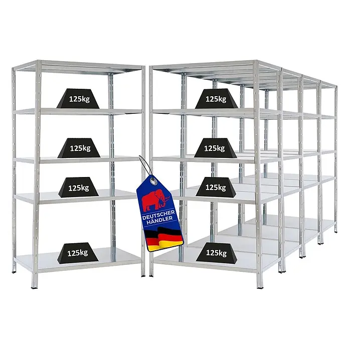 Proregal Metallregal Mega Deal Ares - H x B x T: 180 x 100 x 60 cm, Traglast pro Boden: 125 kg, Anzahl Böden: 5 Stk., Stecken, Verzinkt - Silbernes Metallregal mit mehreren Böden, das die hohe Tragfähigkeit mit 125kg Gewichten demonstriert.