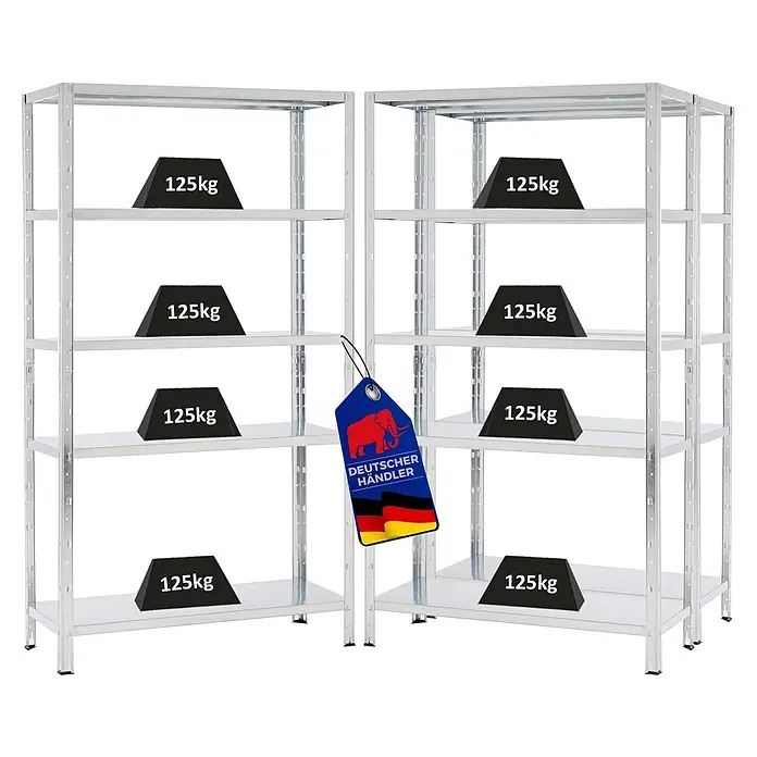 Proregal Metallregal Mega Deal Ares - H x B x T: 180 x 100 x 40 cm, Traglast pro Boden: 125 kg, Anzahl Böden: 5 Stk., Stecken, Verzinkt - Zwei verzinkte Metallregale, jede Ablage mit 125 kg Gewichten zur Belastbarkeitsdemonstration. Inklusive 'Deutscher Händler' Etikett.